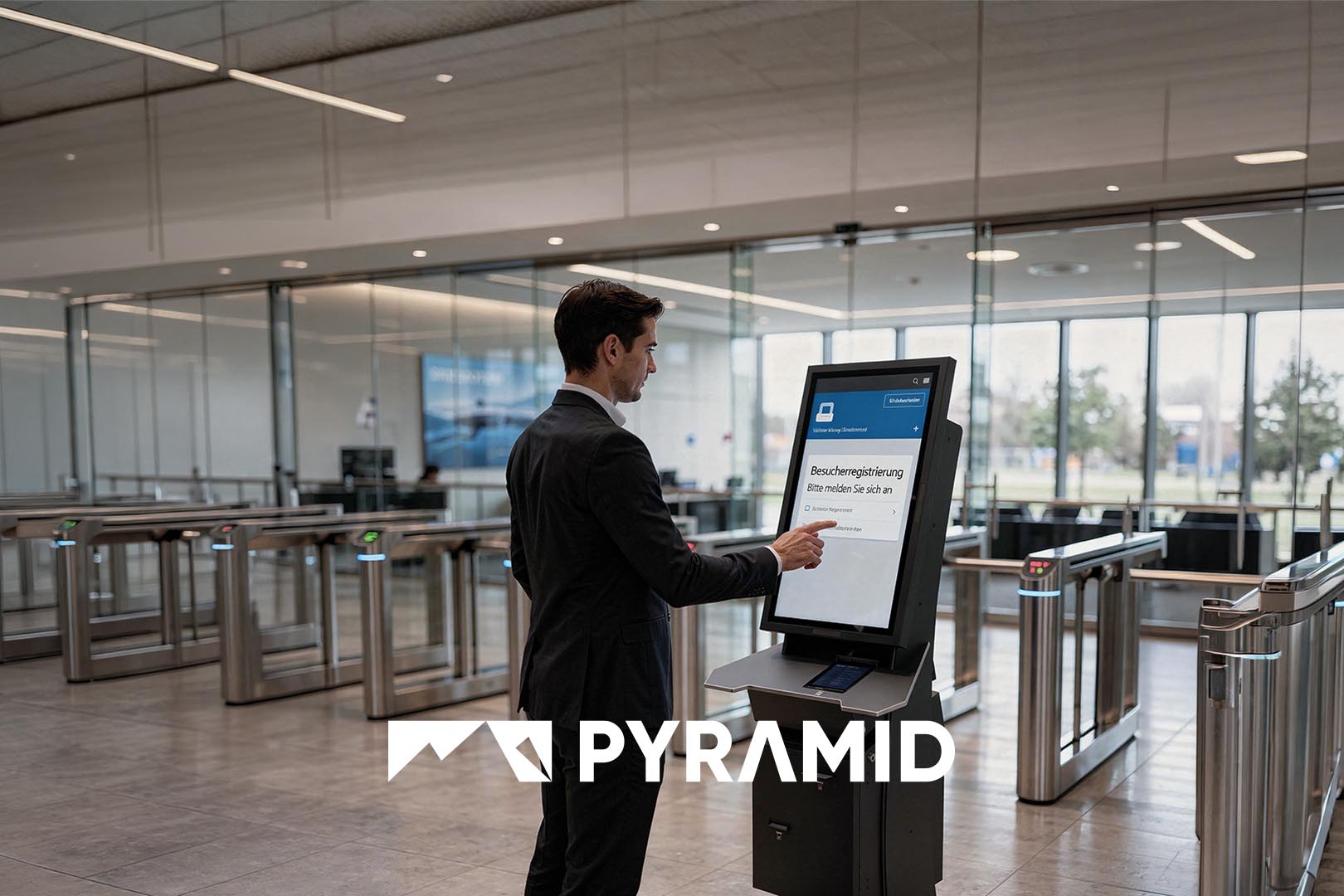 POLYTOUCH® CURVE 32 Self-Service Kiosk for digital visitor registration, badge printing, and access control at SicherheitsExpo 2026