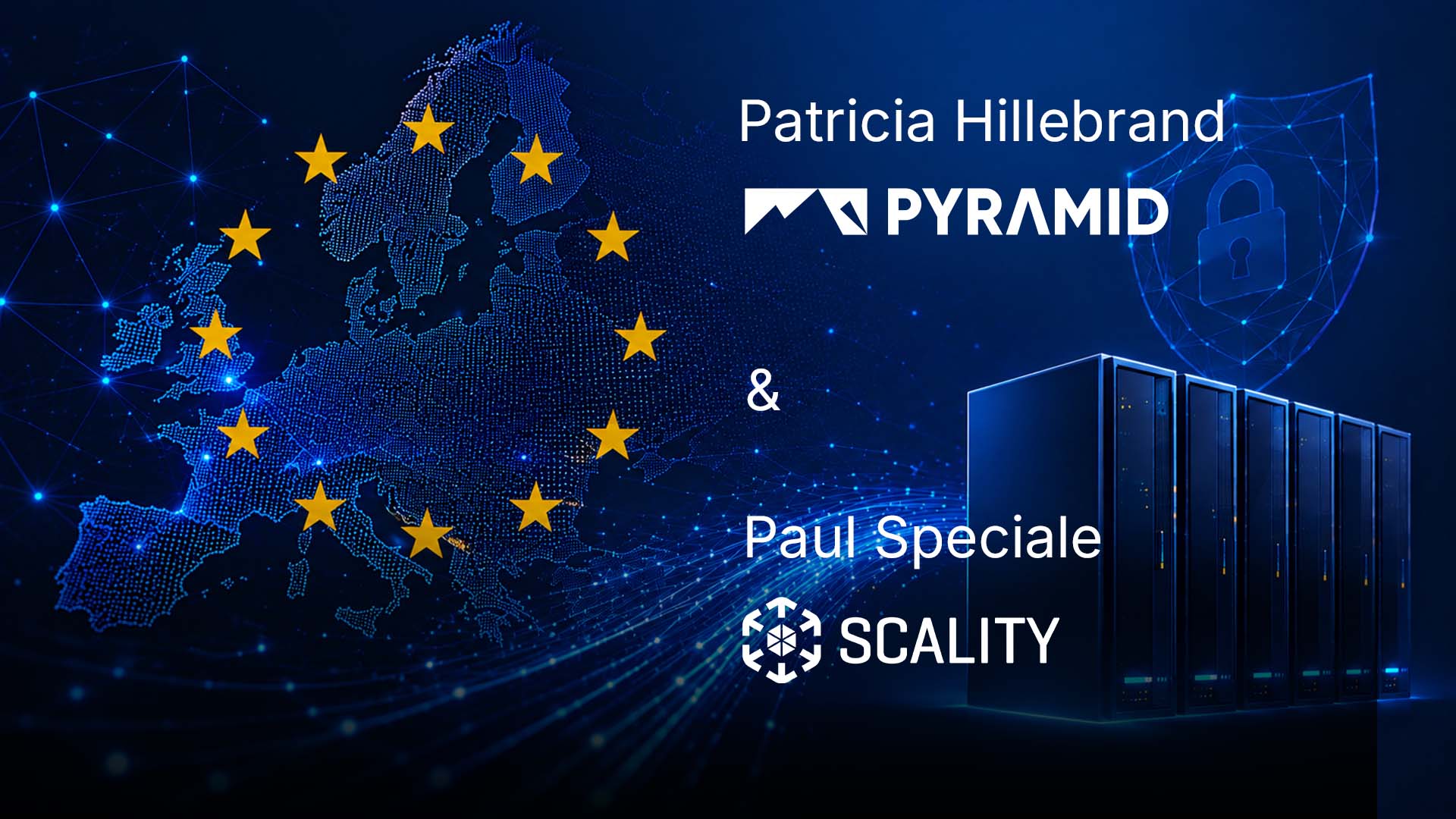 An abstract representation of Europe featuring data streams, server infrastructure, and a security icon symbolizing digital sovereignty