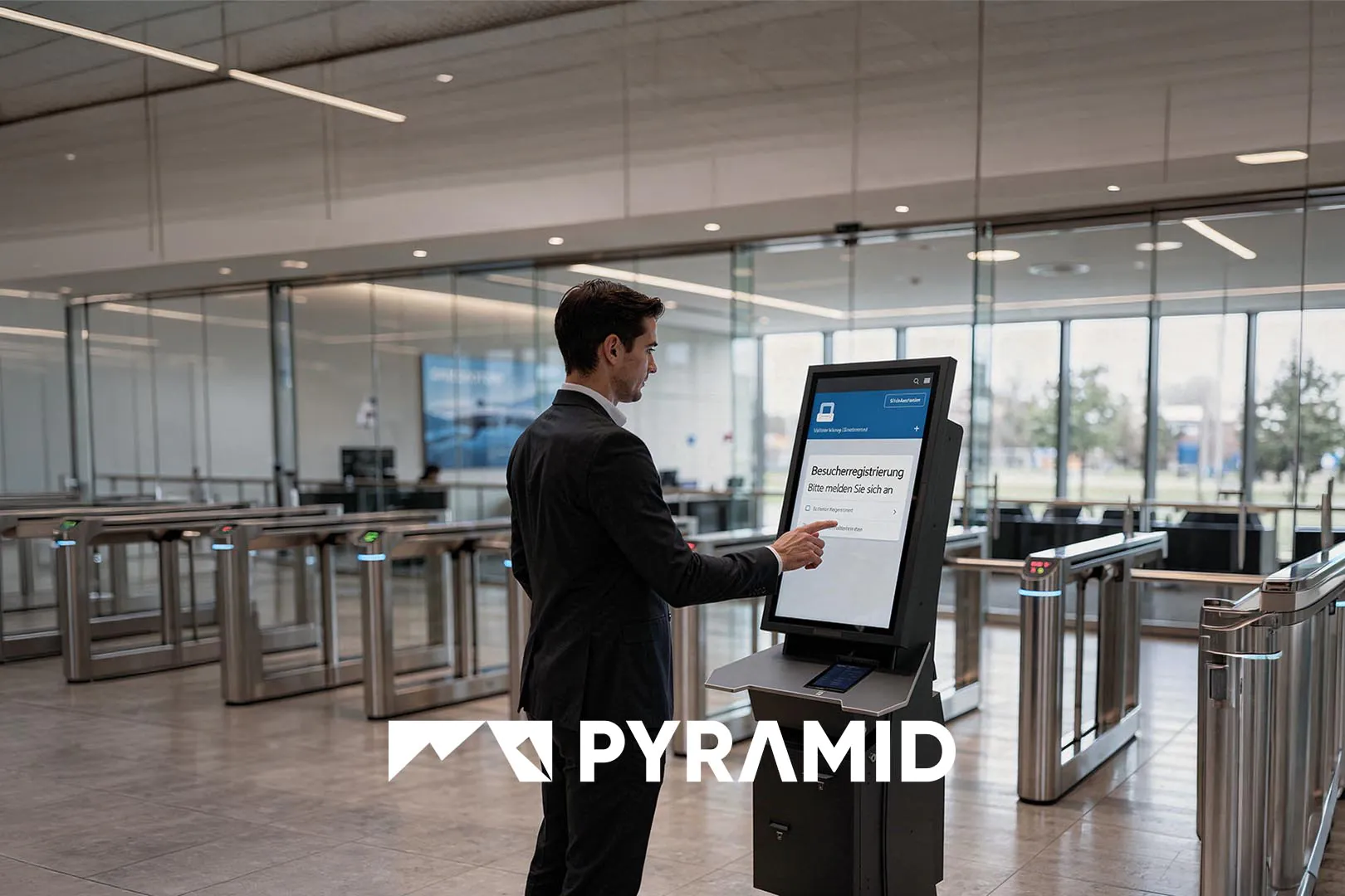 POLYTOUCH® CURVE 32 Self-Service Kiosk for digital visitor registration, badge printing, and access control at SicherheitsExpo 2026